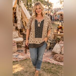 Lucky Brand Boho Mixed Print Peasant Top Size 2X Neutral Festival Blouse NWT